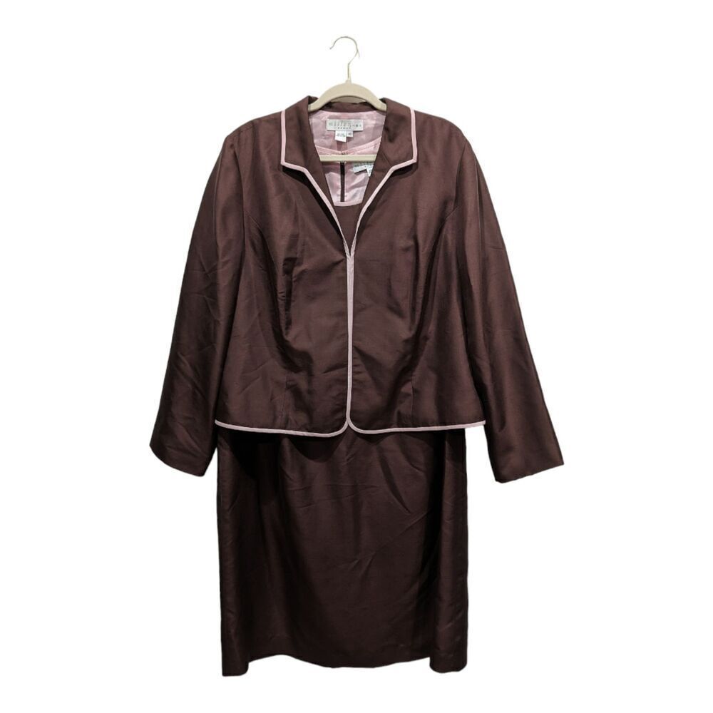 Vintage Miller Shor 100% Silk Brown & Pink Dress & Blazer Jacket Suit Set, 16